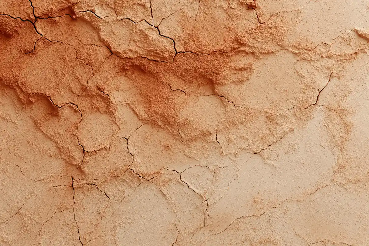 Surface texturée qui se fissure et s'effrite, composition abstraite aux tons terracotta et ivoire