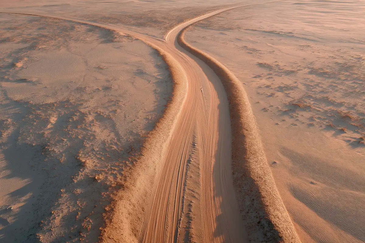 Deux chemins qui divergent dans un paysage sableux vu du ciel, tons chauds terre et ivoire