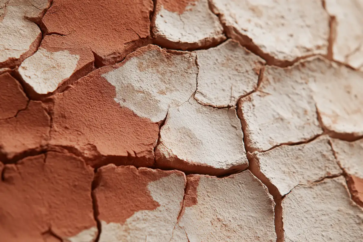 Surface d'argile craquelée en tons terre cuite et ivoire, texture abstraite