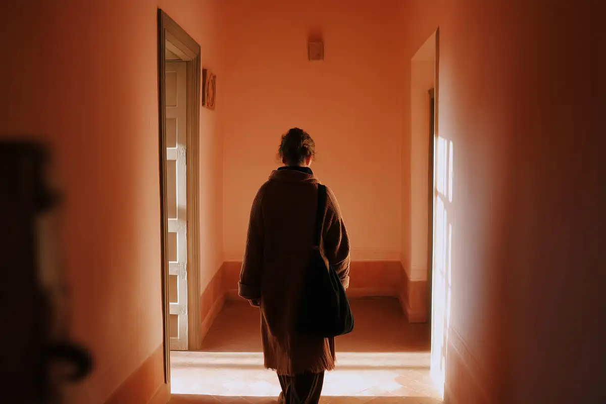 Silhouette debout dans l'encadrement d'une porte, composition aux tons ivoire et terre cuite